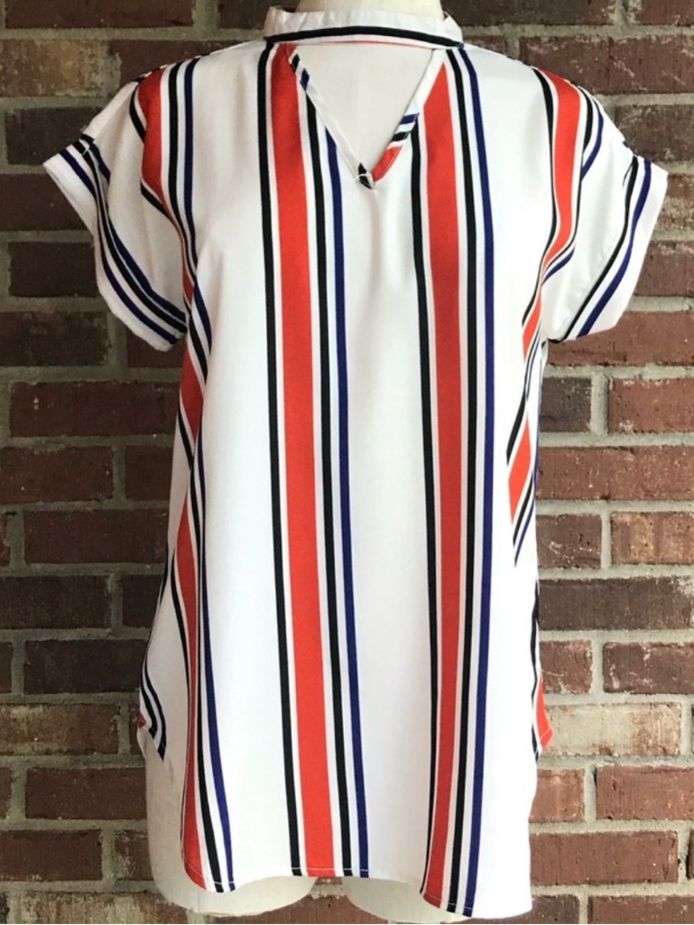 Women's White Tunic Top with Red & Navy Vertical Stripes